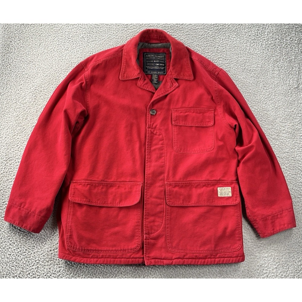 Vintage Abercrombie & Fitch Chore Coat Medium Red Corduroy Trim Oversized Lined